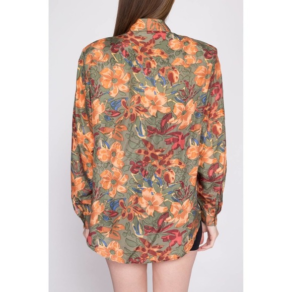 90s Silk Earth Tone Floral Blouse - Medium | Vintage‎ Button Up Secretary Top - Picture 5 of 8